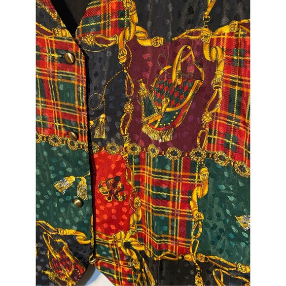 Vintage silver threads, women’s plaid, tassel, print vest, size large - Picture 3 of 4